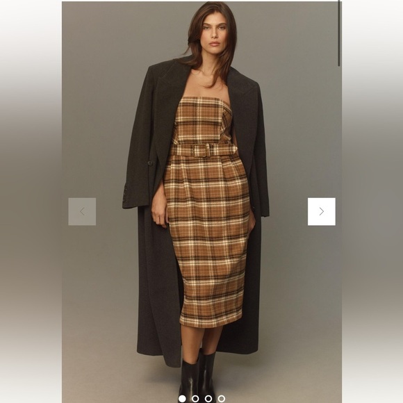 By Anthropologie Strapless Belted Midi Length Dress in Tan and Brown Plaid US6 - Picture 7 of 15